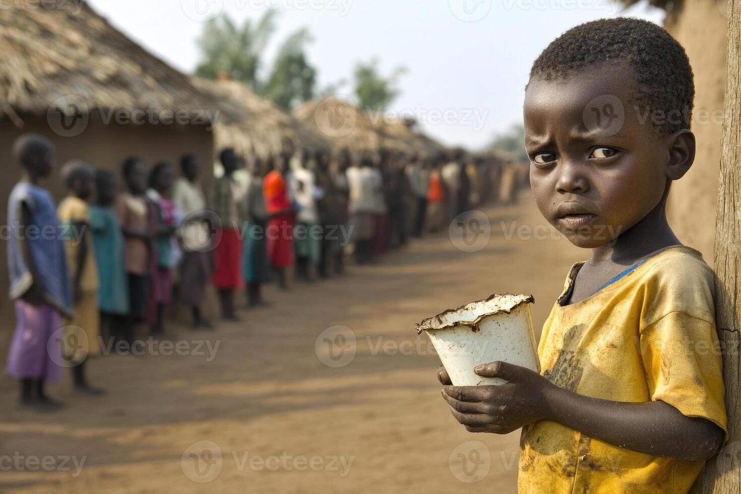 A child with a cracked cup, waiting in line at a water distribution point in a rural village. photo