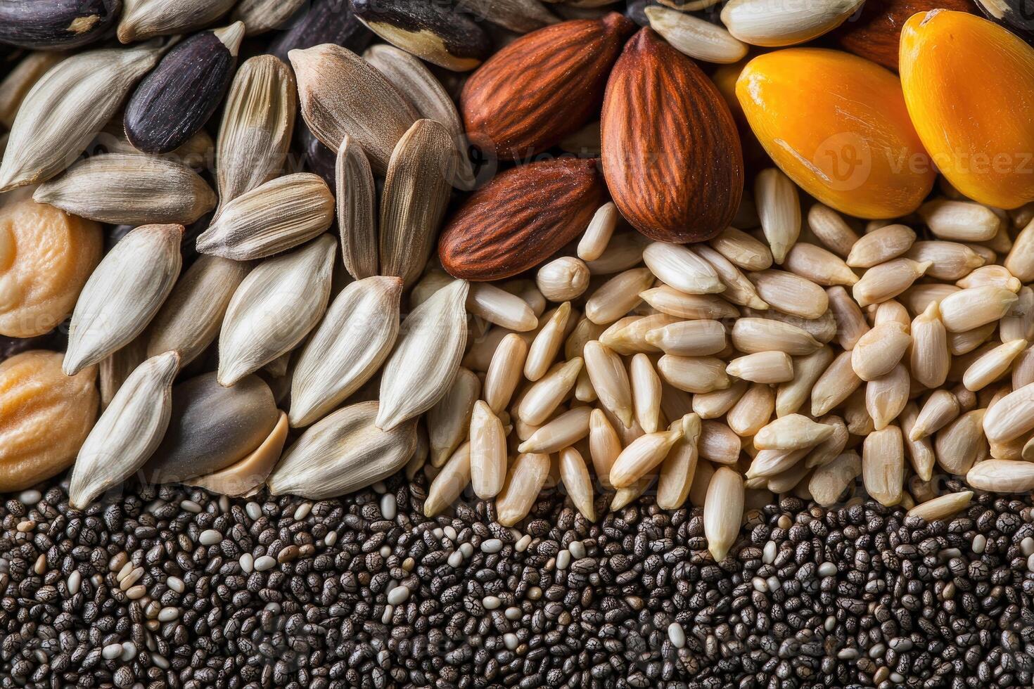 A textured layer of seeds creates a natural, earthy background. photo
