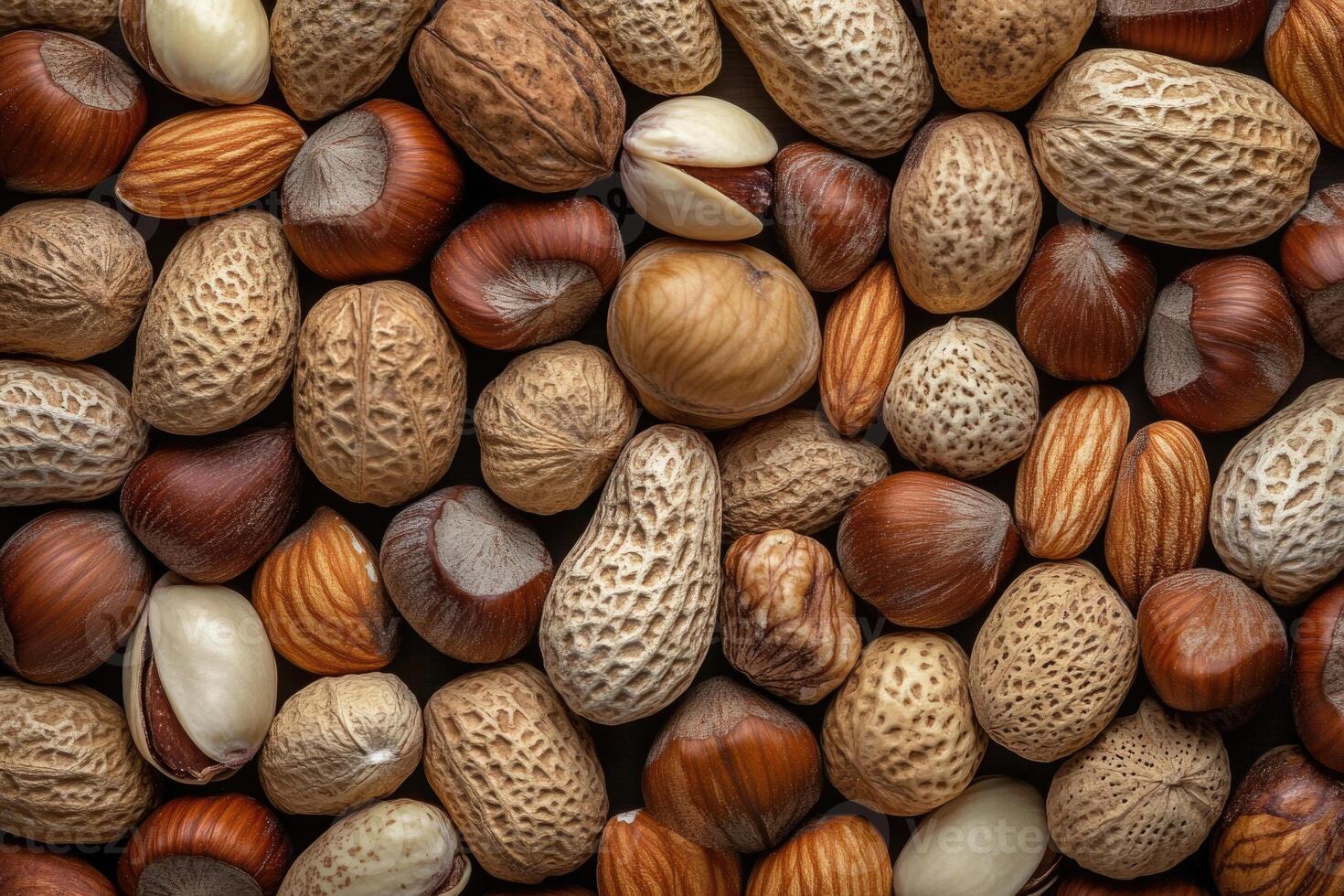 An array of nuts forms a rich, textured, and earthy background. photo
