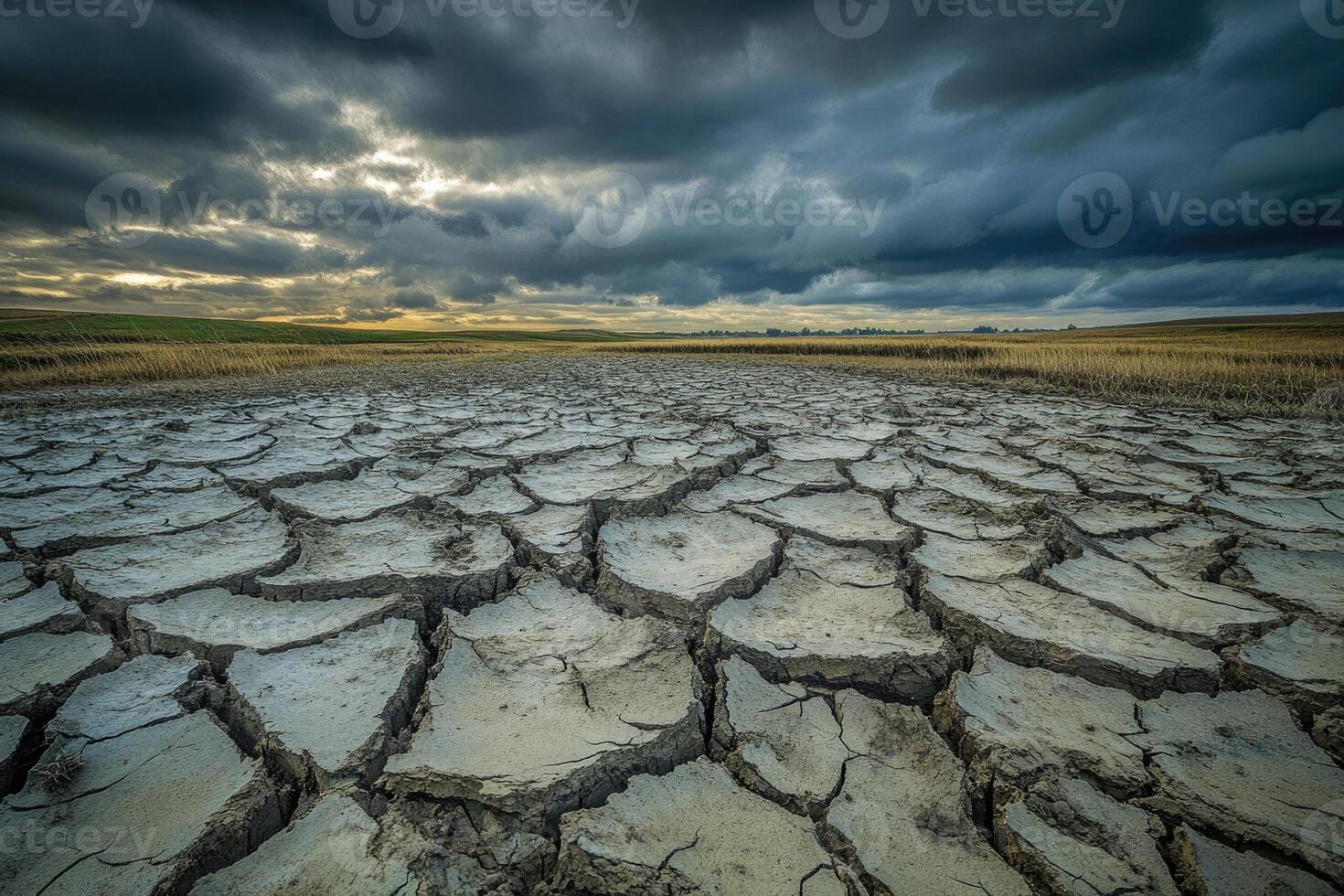 A cracked, dry riverbed under a cloudy sky, symbolizing drought and thirst. photo