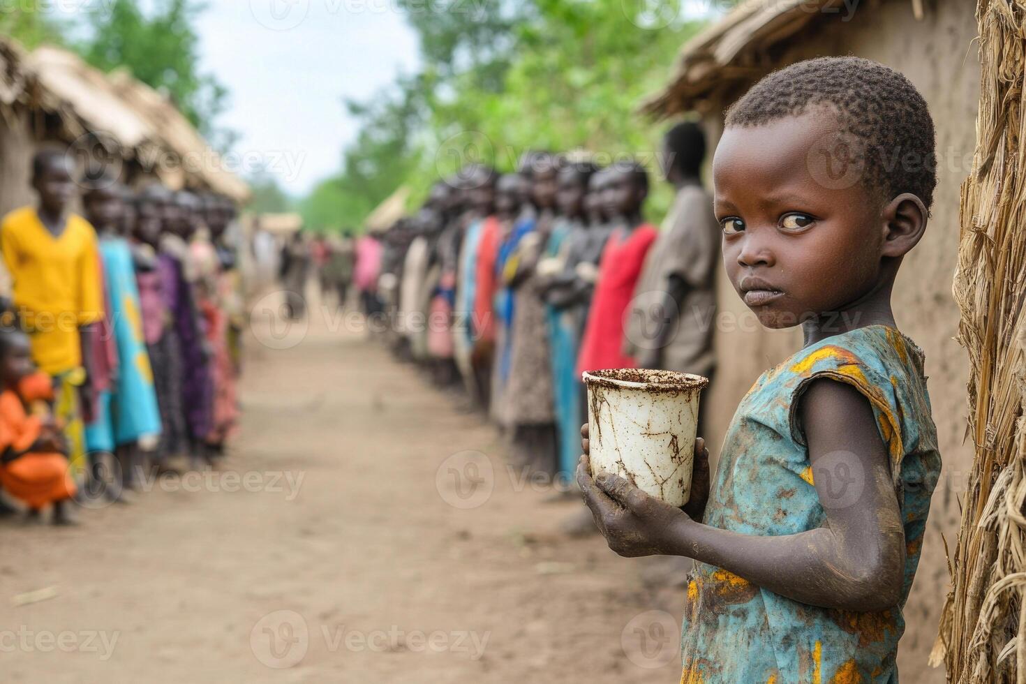 A child with a cracked cup, waiting in line at a water distribution point in a rural village. photo