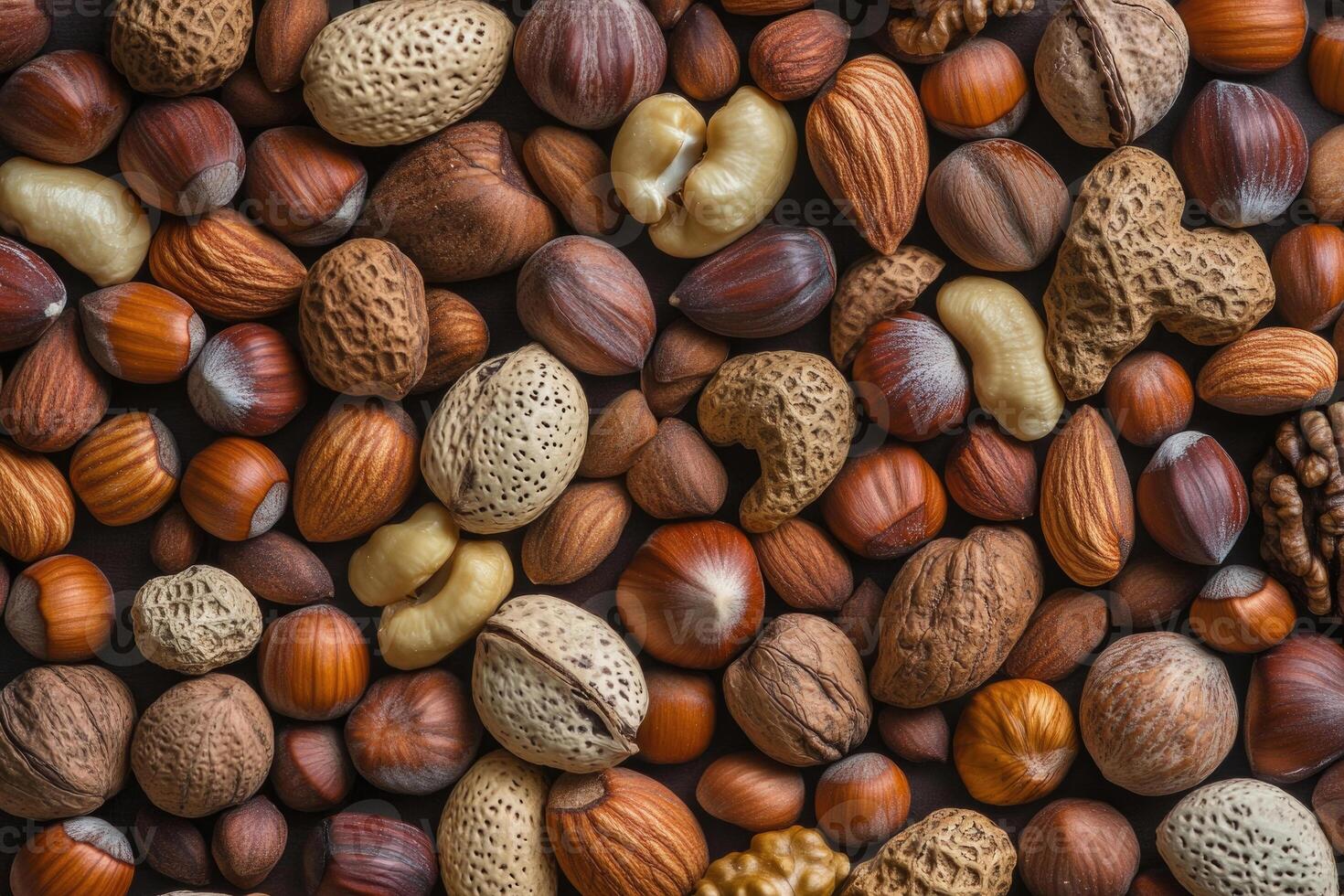 An array of nuts forms a rich, textured, and earthy background. photo