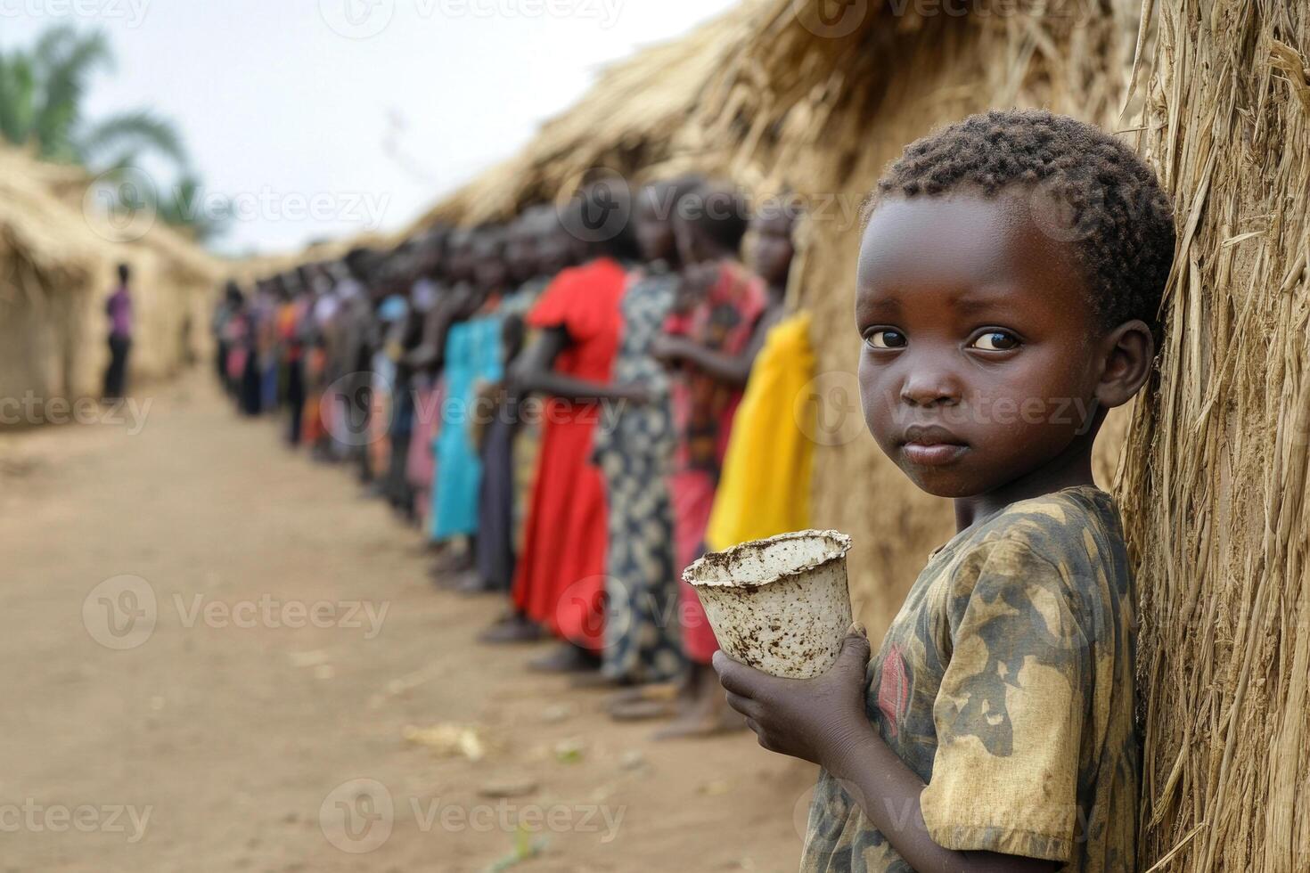 A child with a cracked cup, waiting in line at a water distribution point in a rural village. photo