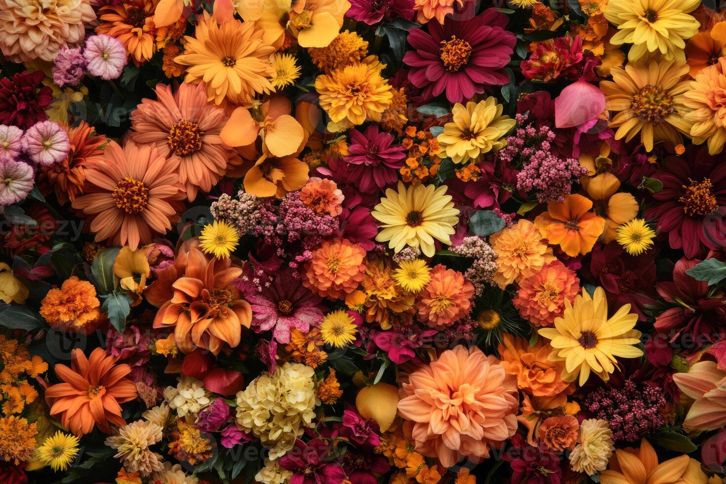 A vibrant mix of autumn flowers creates a warm, colorful background. photo