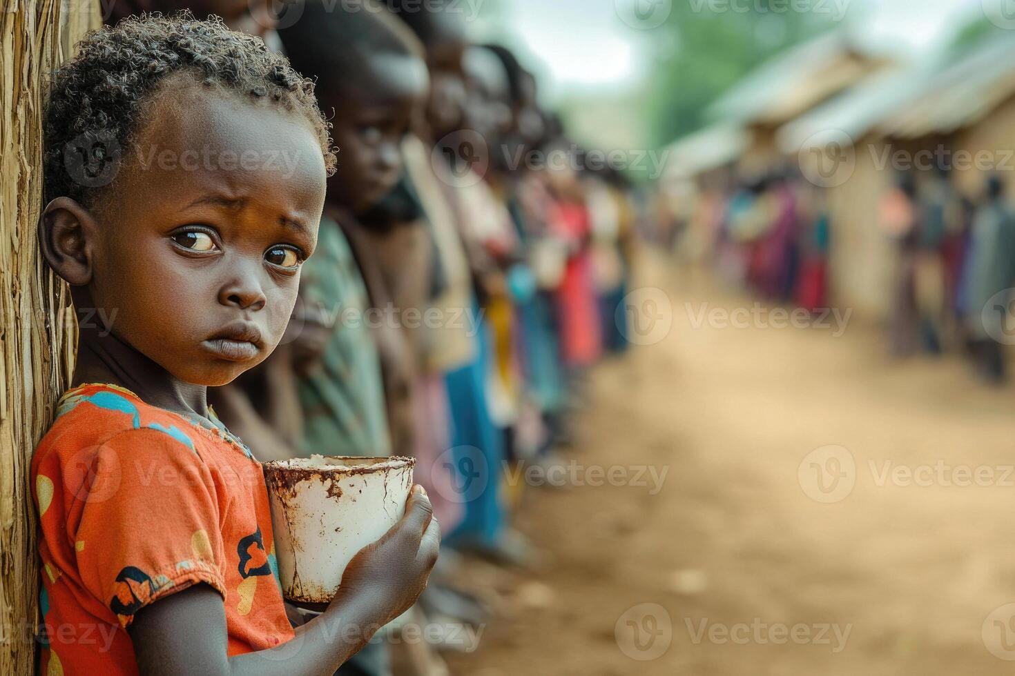 A child with a cracked cup, waiting in line at a water distribution point in a rural village. photo