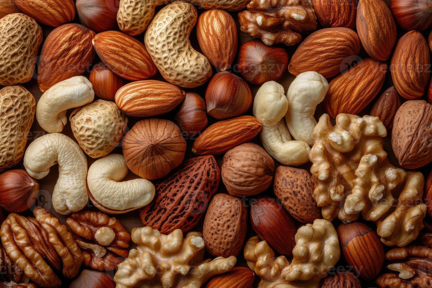An array of nuts forms a rich, textured, and earthy background. photo