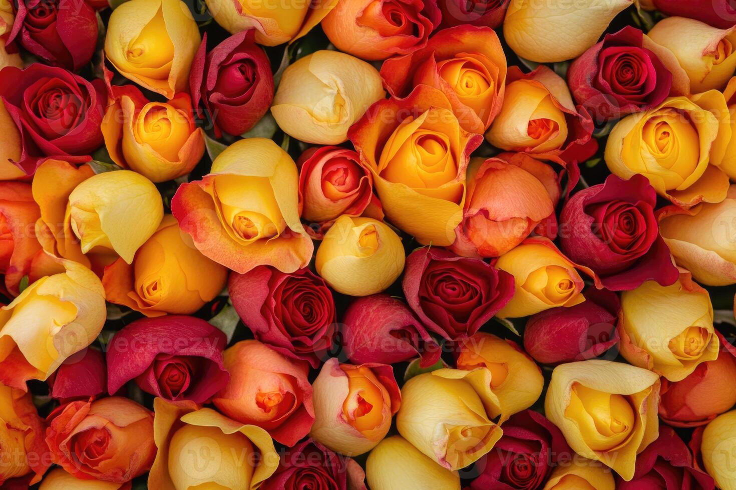 A vibrant mix of red and yellow rose buds creates a colorful, elegant background. photo