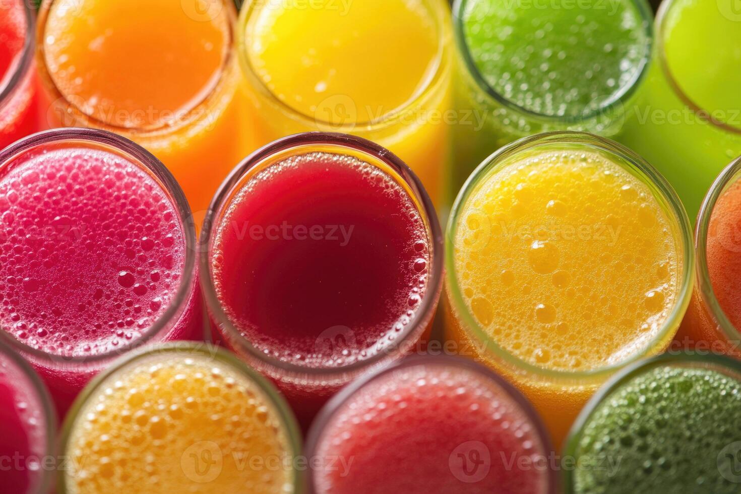 A vibrant array of colorful fruit juices creates a refreshing, dynamic background. photo
