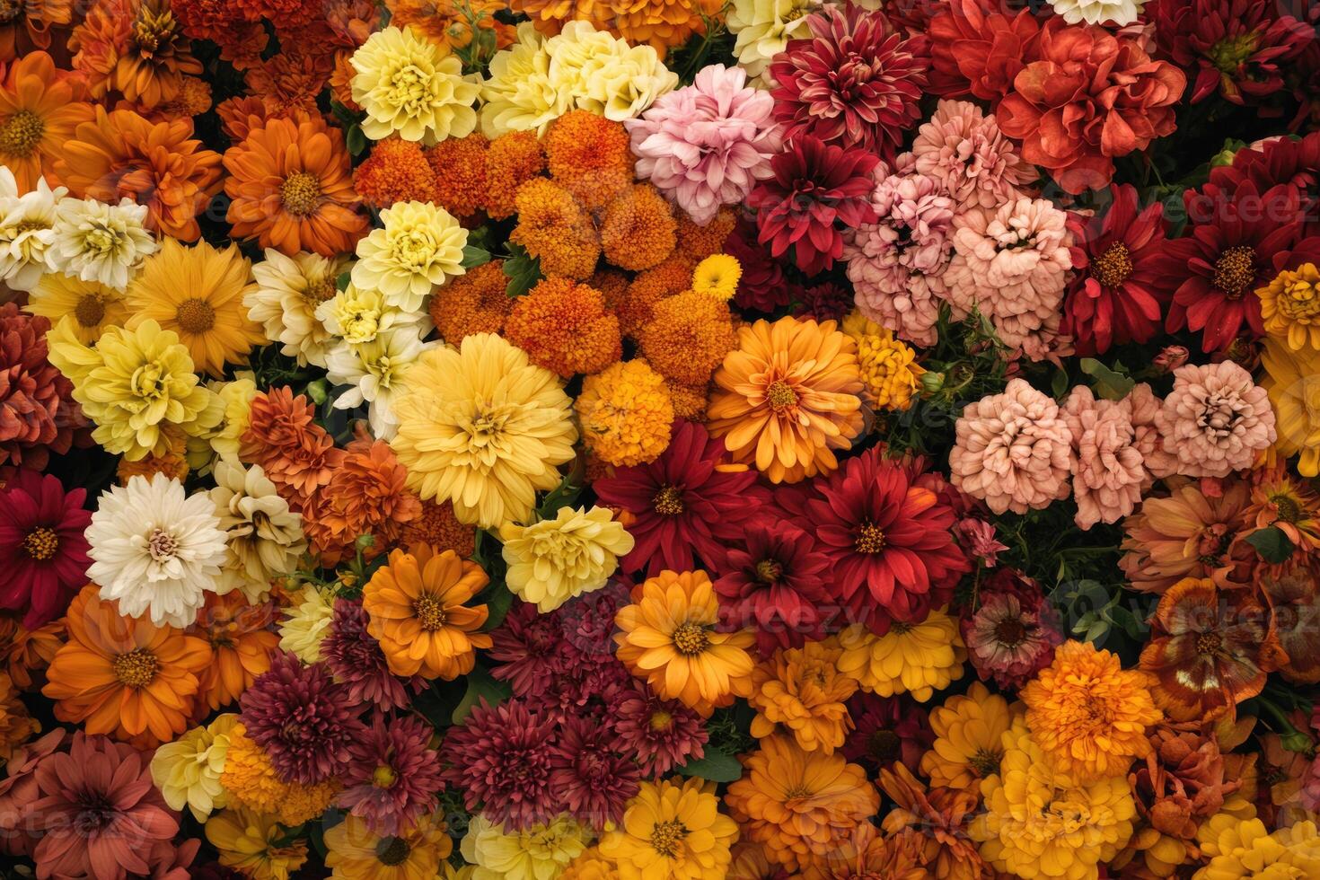 A vibrant mix of autumn flowers creates a warm, colorful background. photo