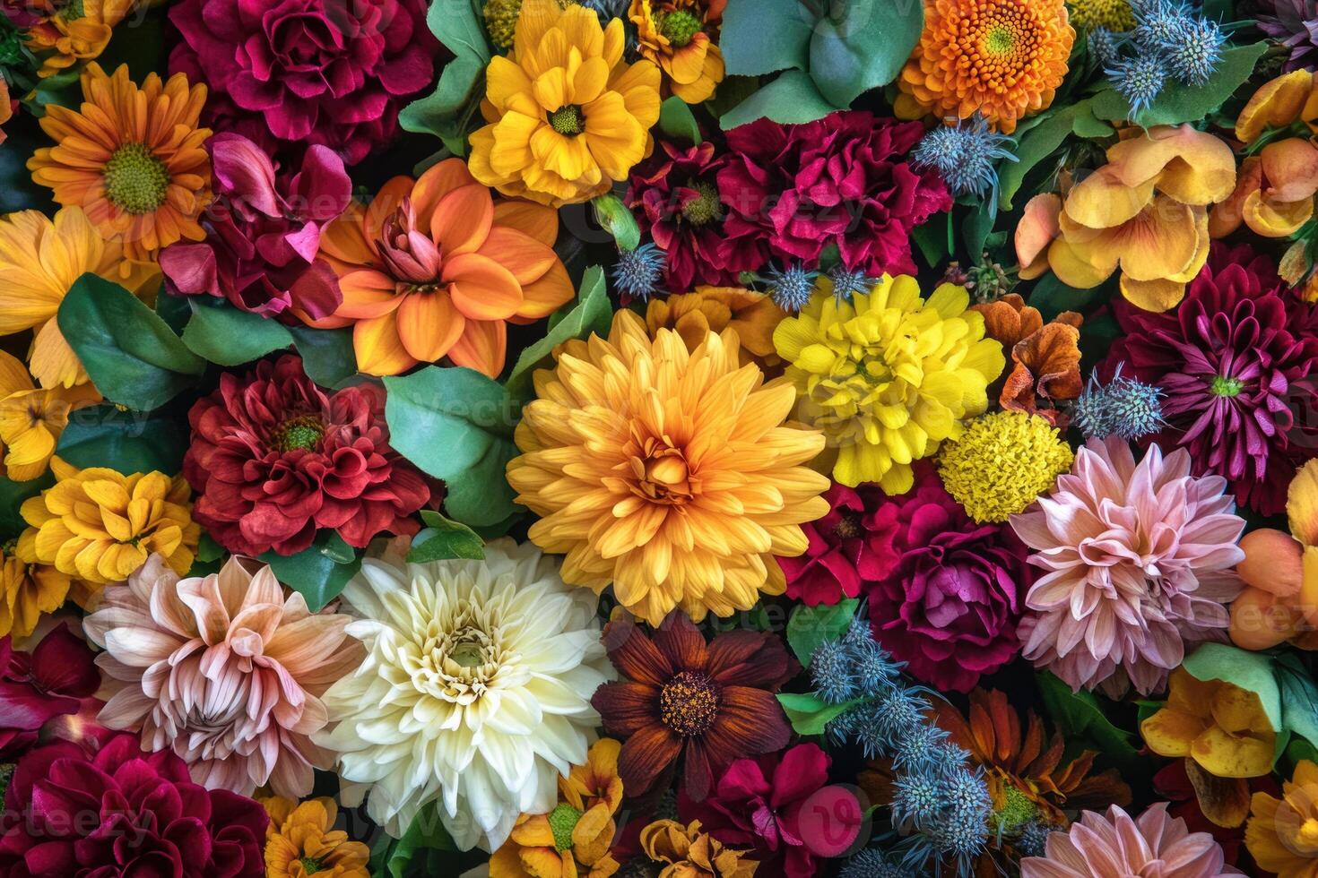 A vibrant mix of autumn flowers creates a warm, colorful background. photo