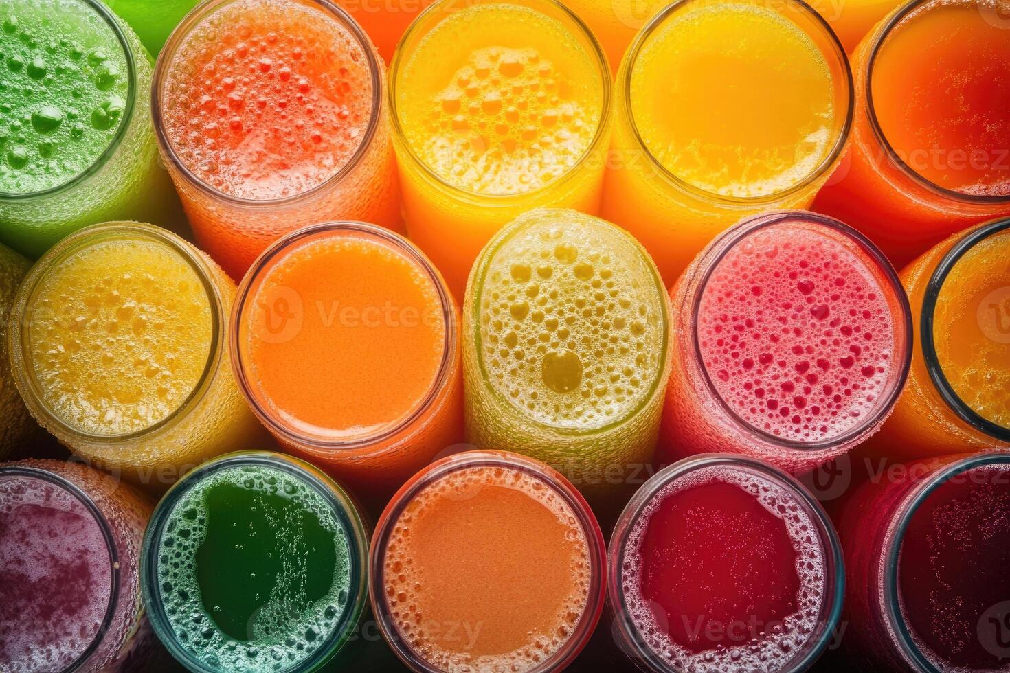 A vibrant array of colorful fruit juices creates a refreshing, dynamic background. photo