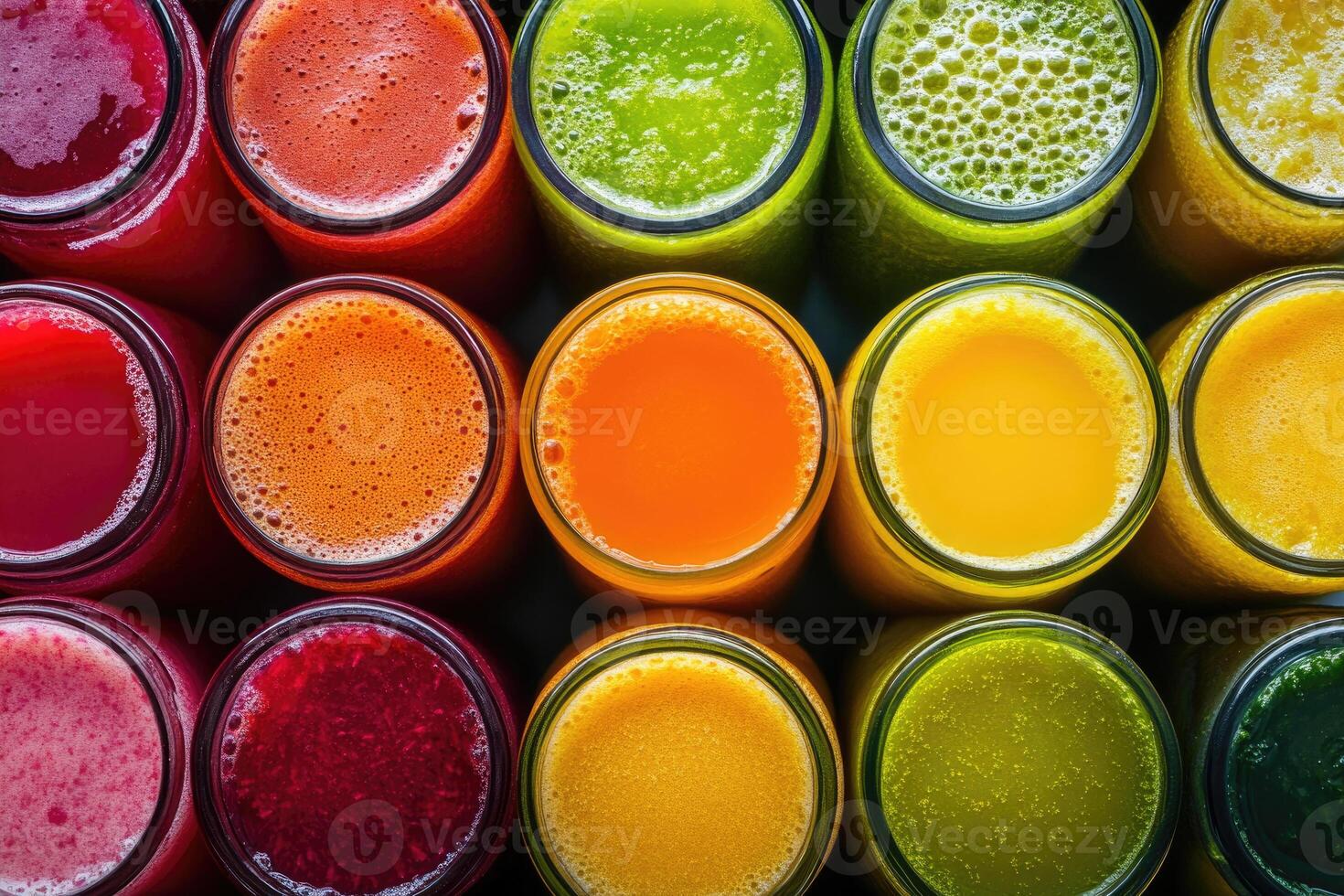 A vibrant array of colorful fruit juices creates a refreshing, dynamic background. photo