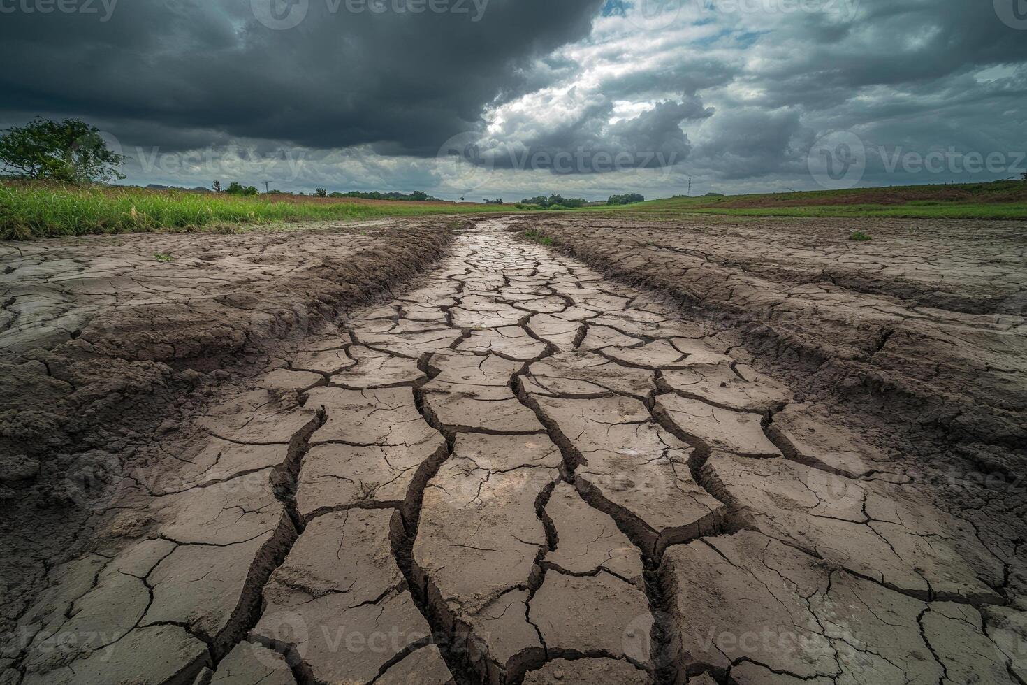 A cracked, dry riverbed under a cloudy sky, symbolizing drought and thirst. photo