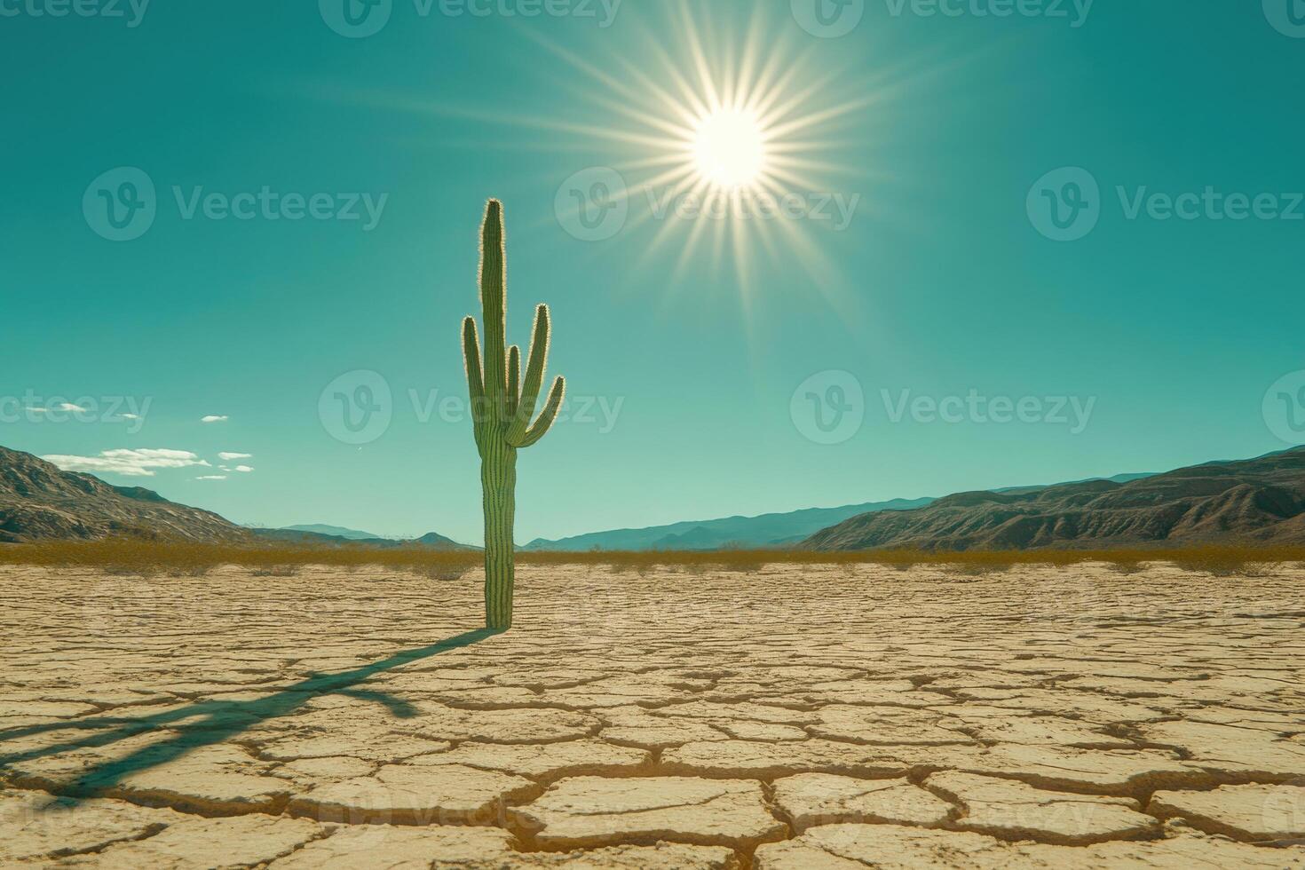 A parched desert landscape with a lone cactus under the scorching sun. photo