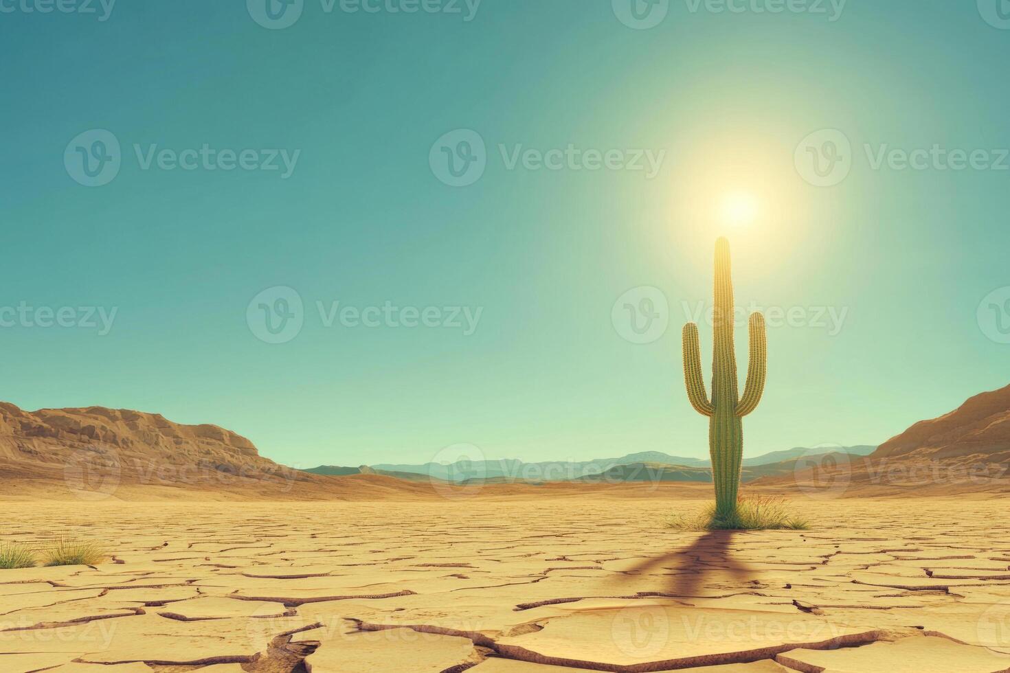 A parched desert landscape with a lone cactus under the scorching sun. photo