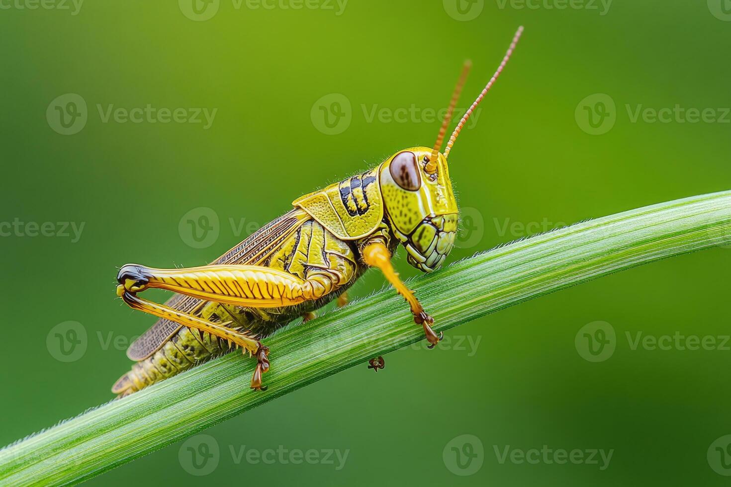 A grasshopper resting on a blade of grass. photo