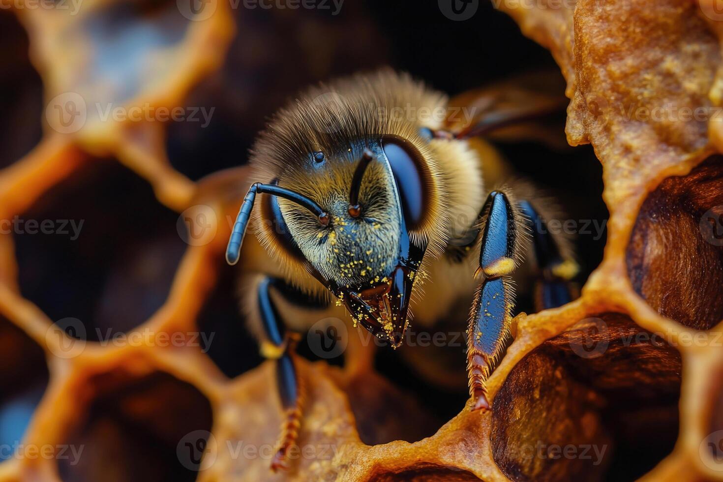 A honeybee working inside a hive. photo