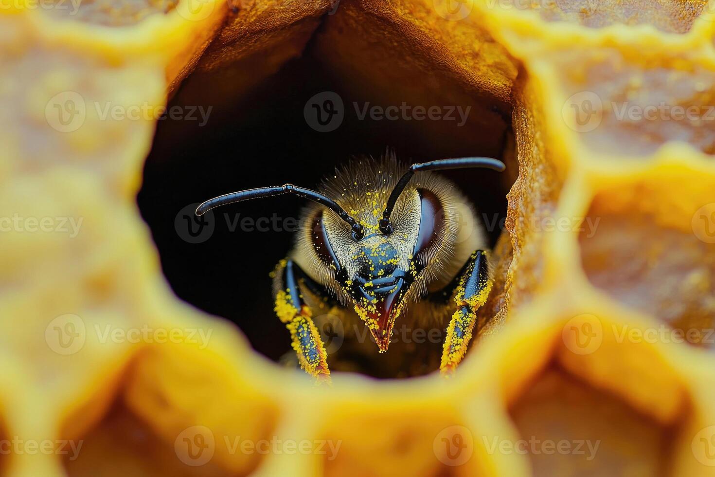A honeybee working inside a hive. photo