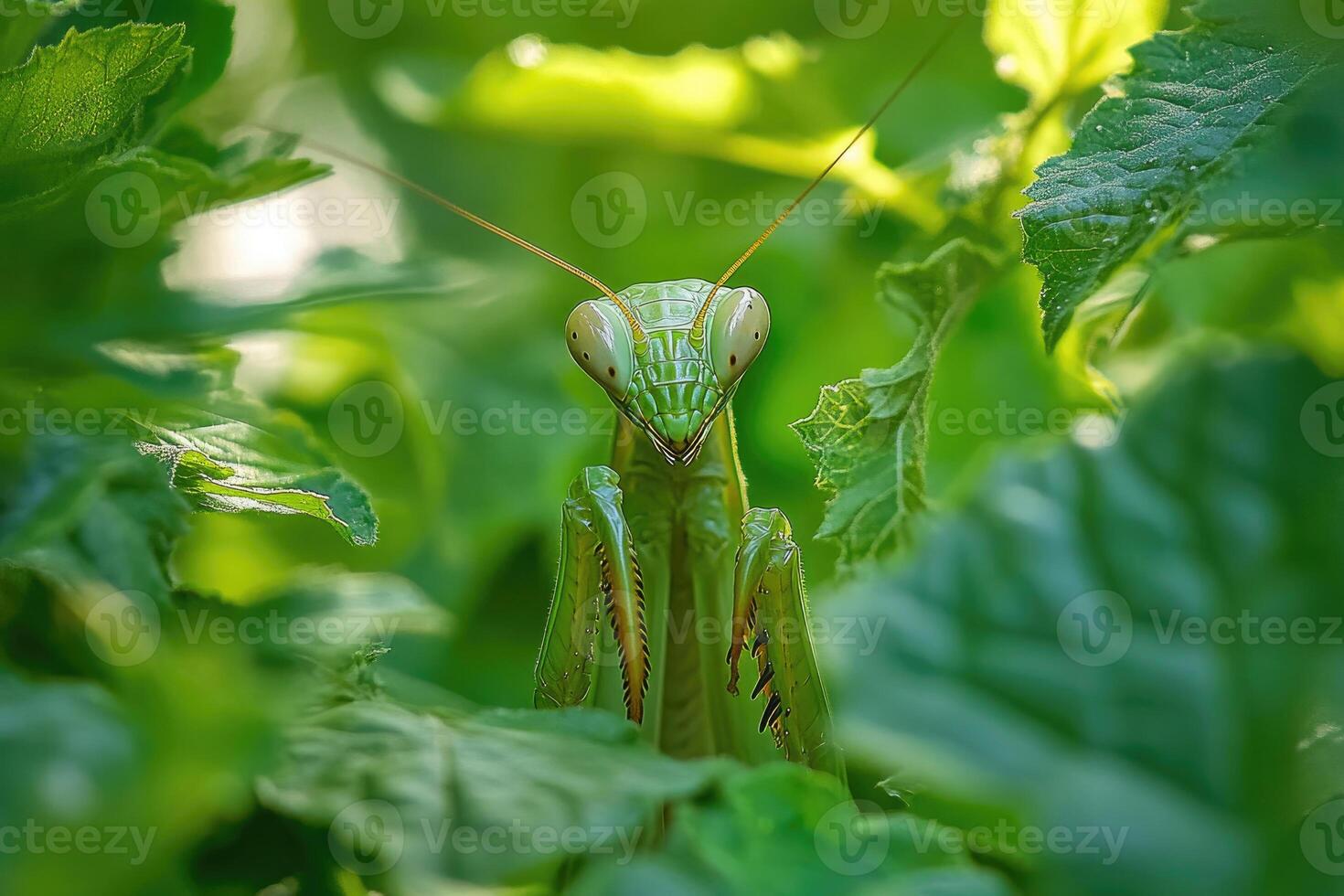 A praying mantis hidden among garden plants. photo