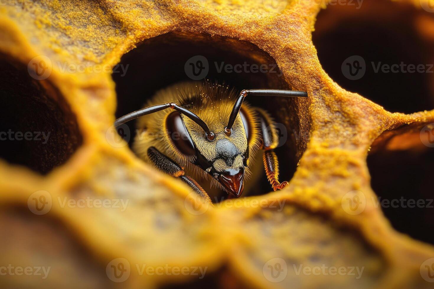 A honeybee working inside a hive. photo