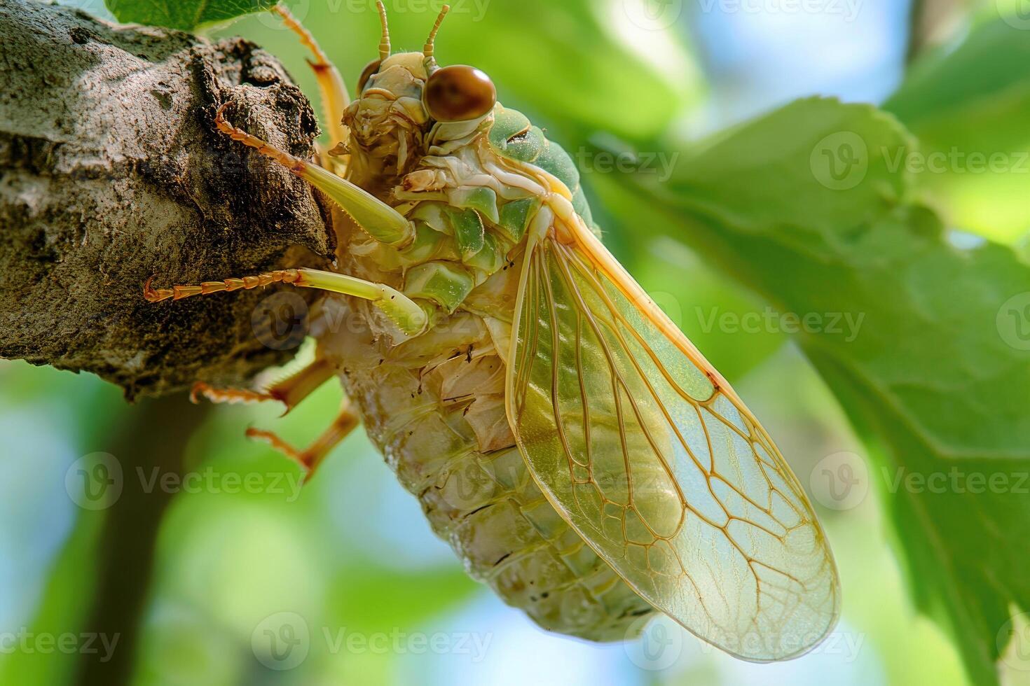 A cicada emerging from its exoskeleton. photo