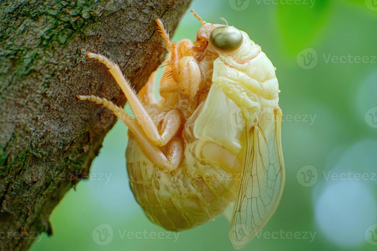A cicada emerging from its exoskeleton. photo