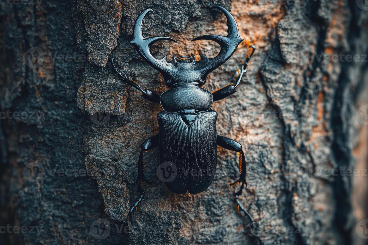 A stag beetle resting on a tree trunk. photo