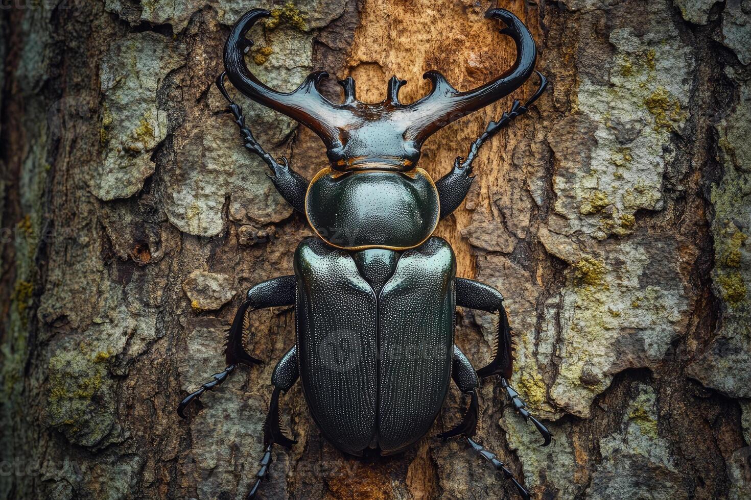 A stag beetle resting on a tree trunk. photo