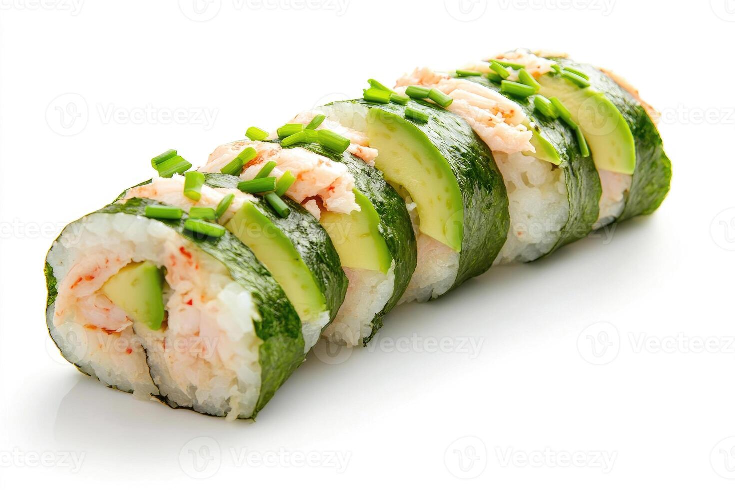 A crab roll with avocado slices. photo