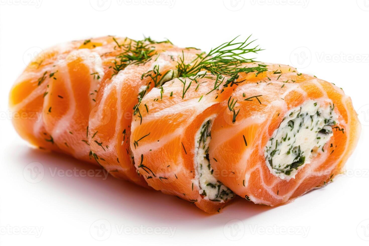 A salmon roll with dill garnish. photo
