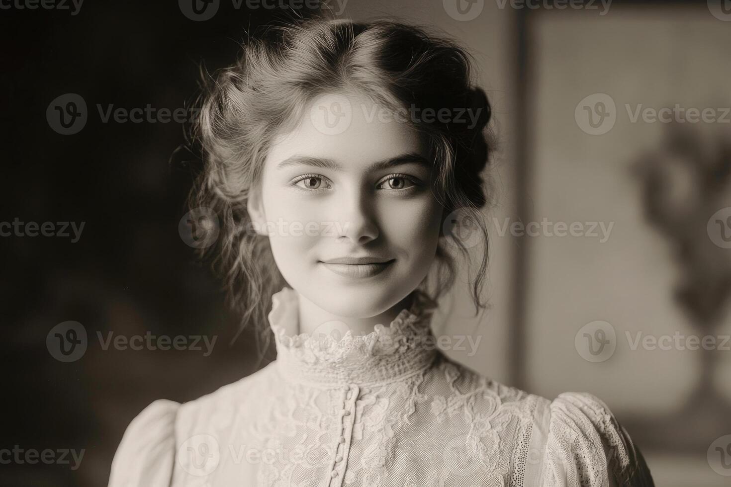 A Victorian-era woman with an enigmatic smile, wearing a high-collared dress. photo