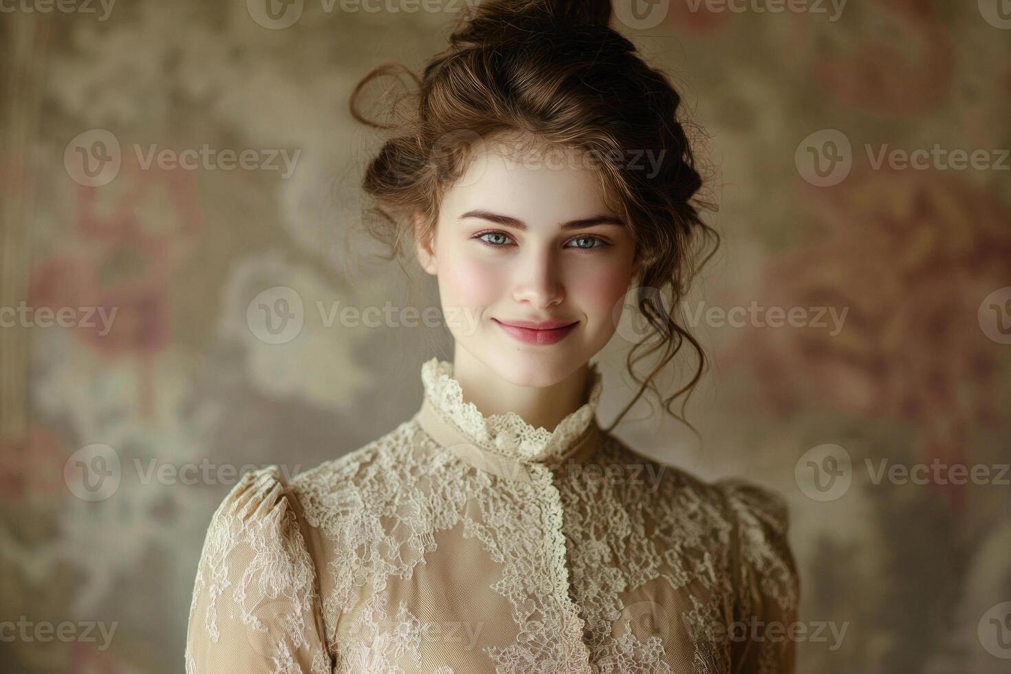 A Victorian-era woman with an enigmatic smile, wearing a high-collared dress. photo
