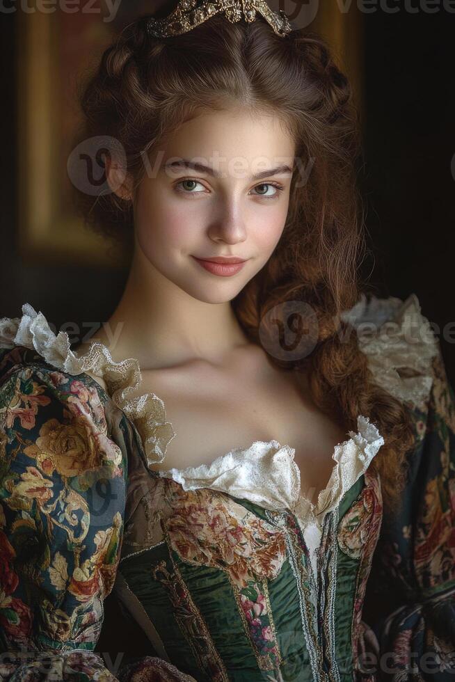 Renaissance woman with a sly smile, in a richly decorated gown, under soft natural light. photo