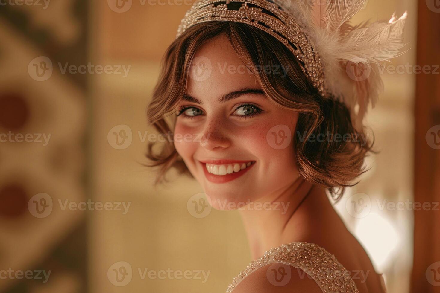 A flapper girl from the 1920s, wearing a beaded dress and a feathered headband, smiling coyly. photo