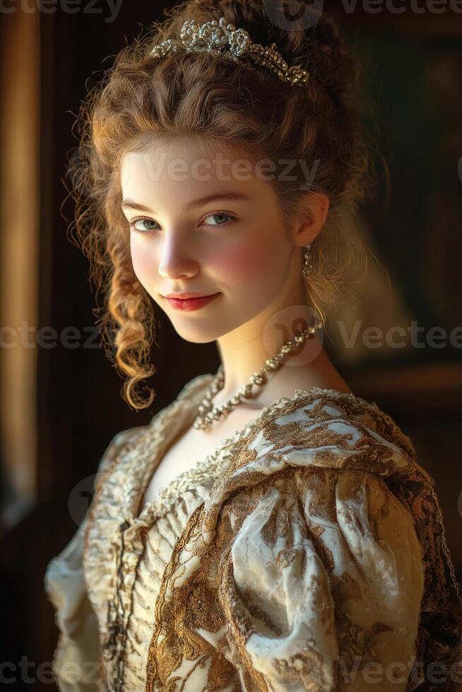 Renaissance woman with a sly smile, in a richly decorated gown, under soft natural light. photo