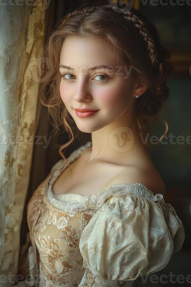 Renaissance woman with a sly smile, in a richly decorated gown, under soft natural light. photo