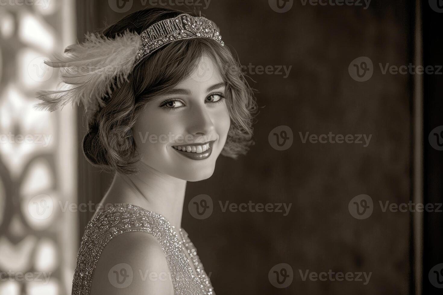 A flapper girl from the 1920s, wearing a beaded dress and a feathered headband, smiling coyly. photo