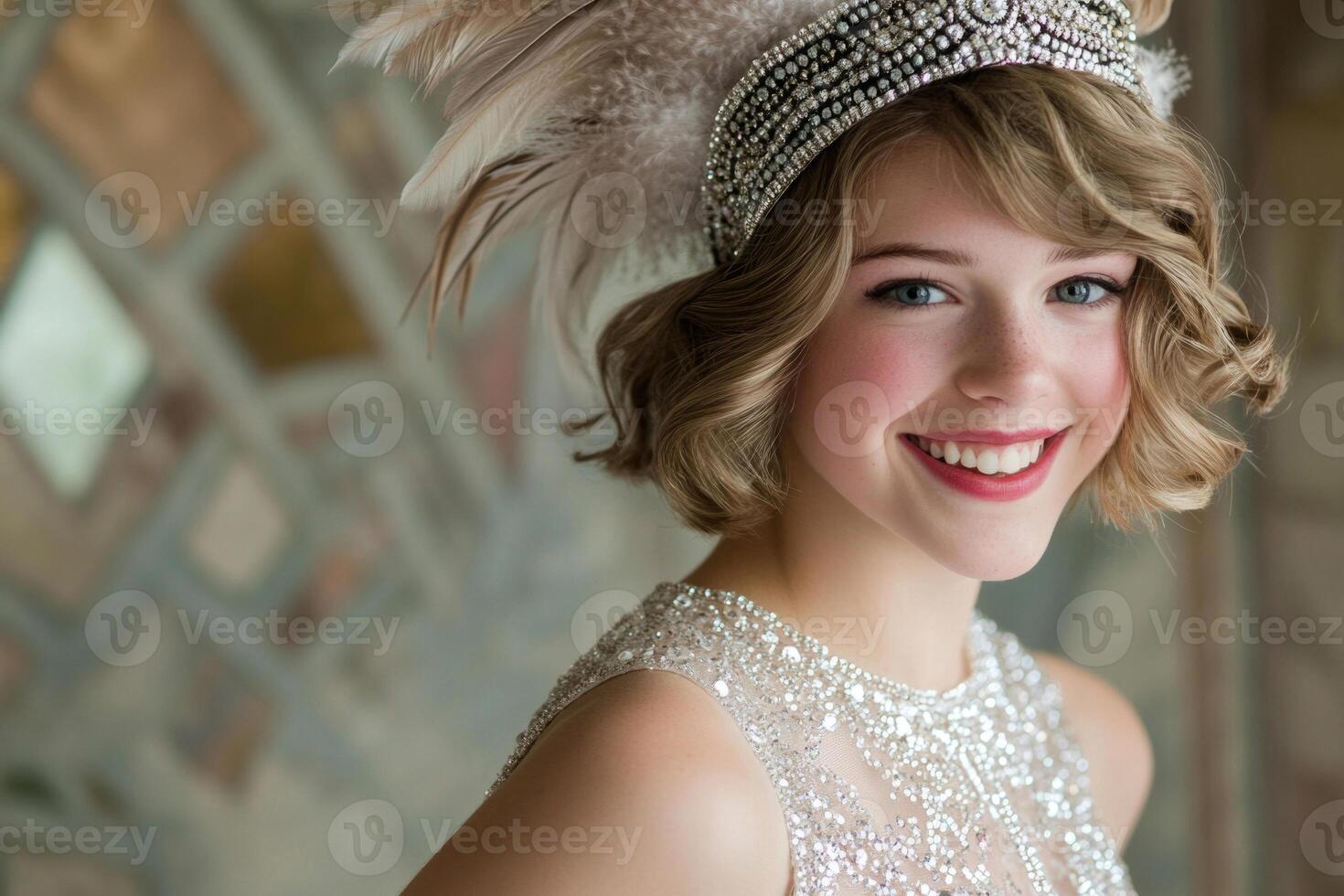 A flapper girl from the 1920s, wearing a beaded dress and a feathered headband, smiling coyly. photo