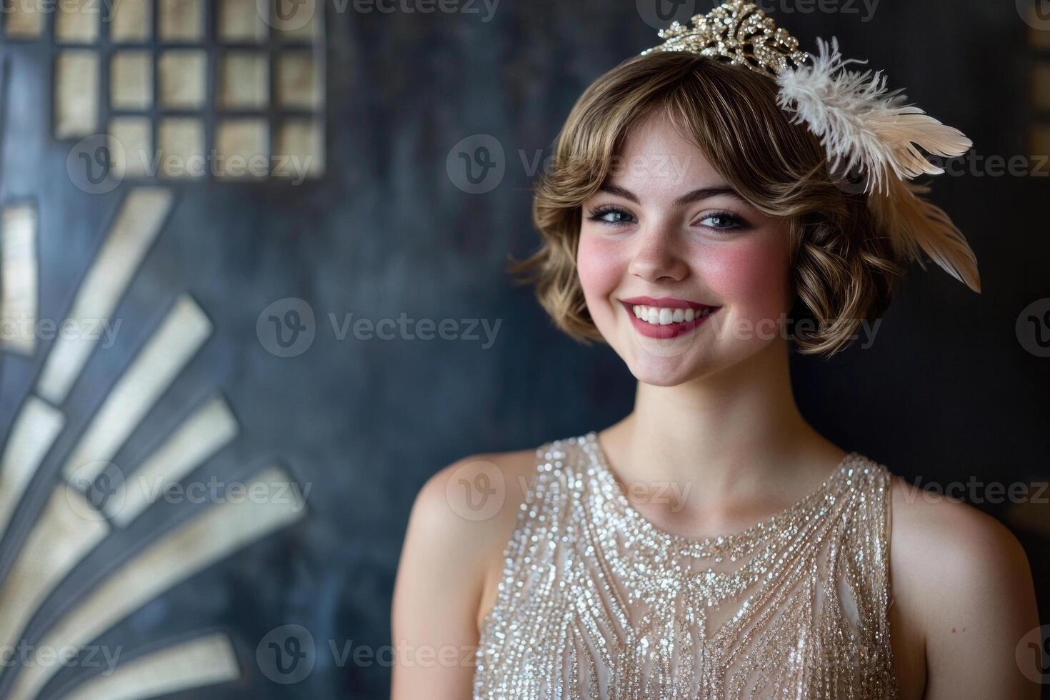 A flapper girl from the 1920s, wearing a beaded dress and a feathered headband, smiling coyly. photo