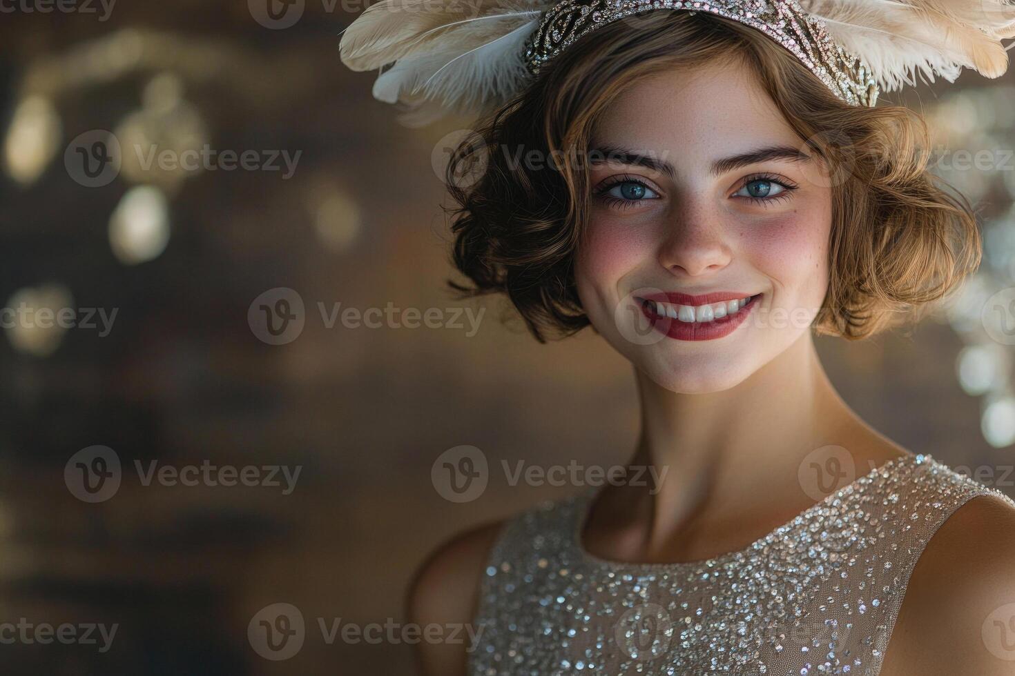 A flapper girl from the 1920s, wearing a beaded dress and a feathered headband, smiling coyly. photo
