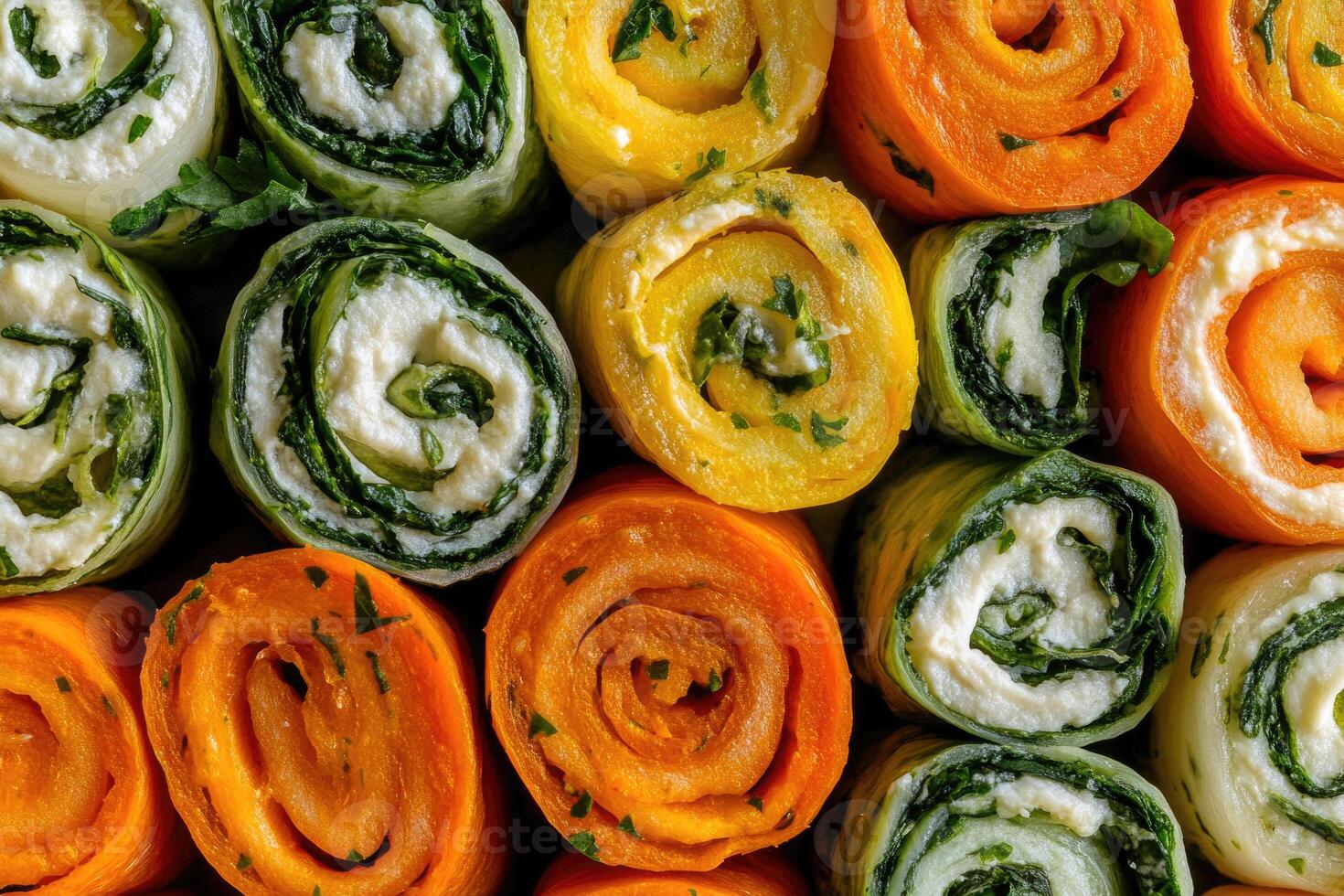 A vibrant selection of vegetable roulade slices creates a fresh, colorful background. photo