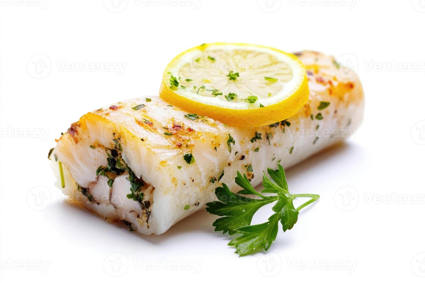 A mackerel roll with a lemon slice. photo