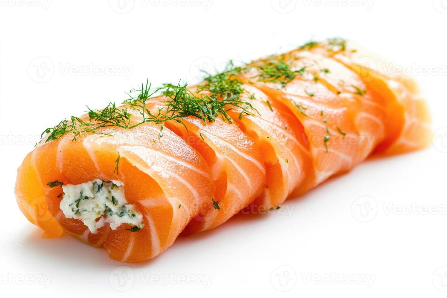 A salmon roll with dill garnish. photo