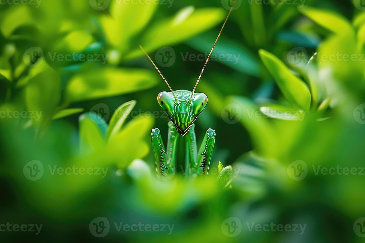 A praying mantis hidden among garden plants. photo