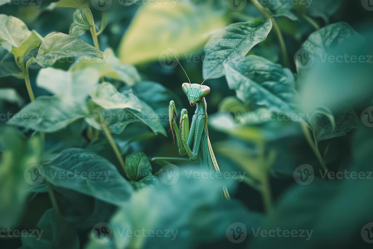 A praying mantis hidden among garden plants. photo