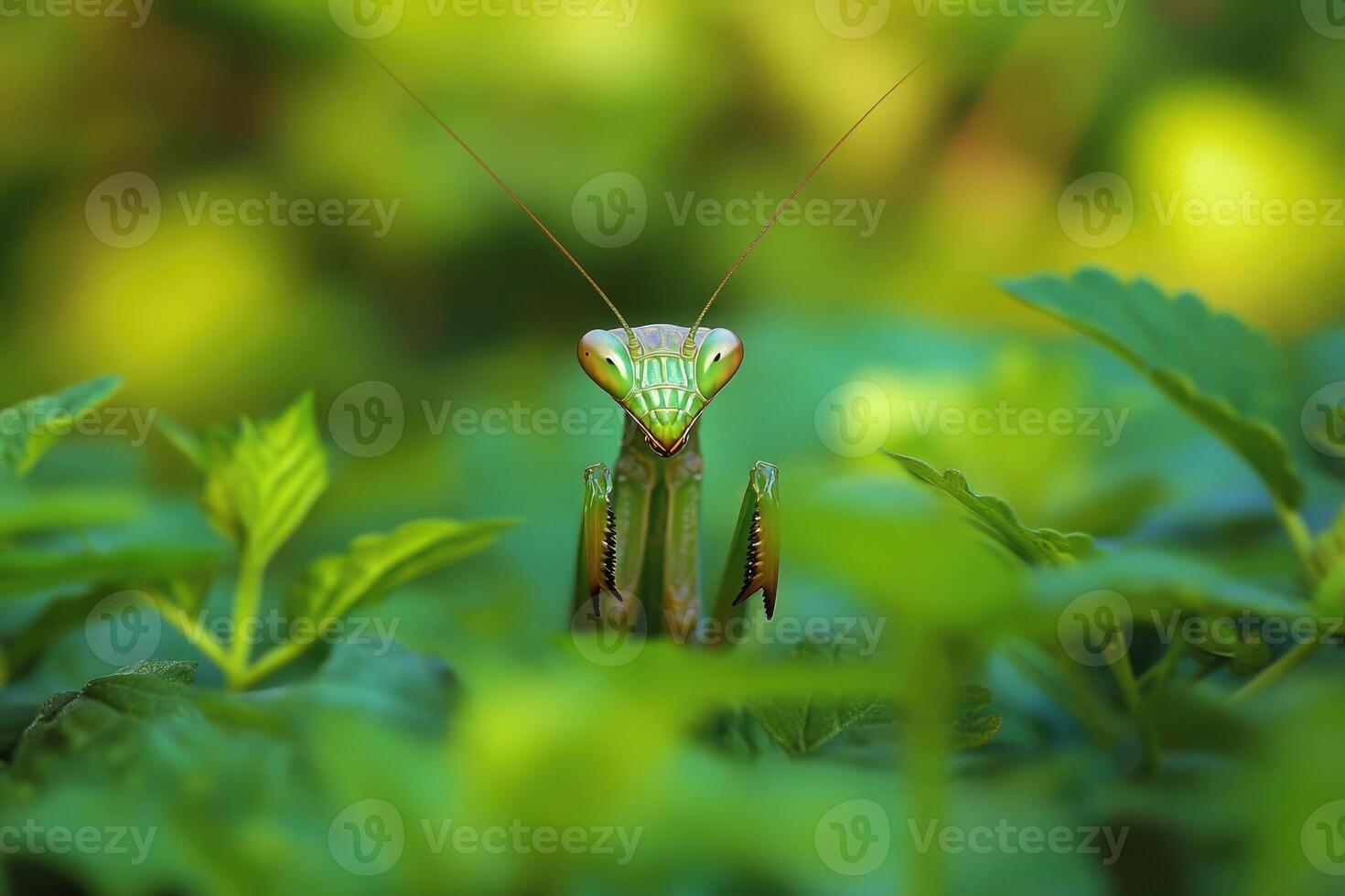 A praying mantis hidden among garden plants. photo