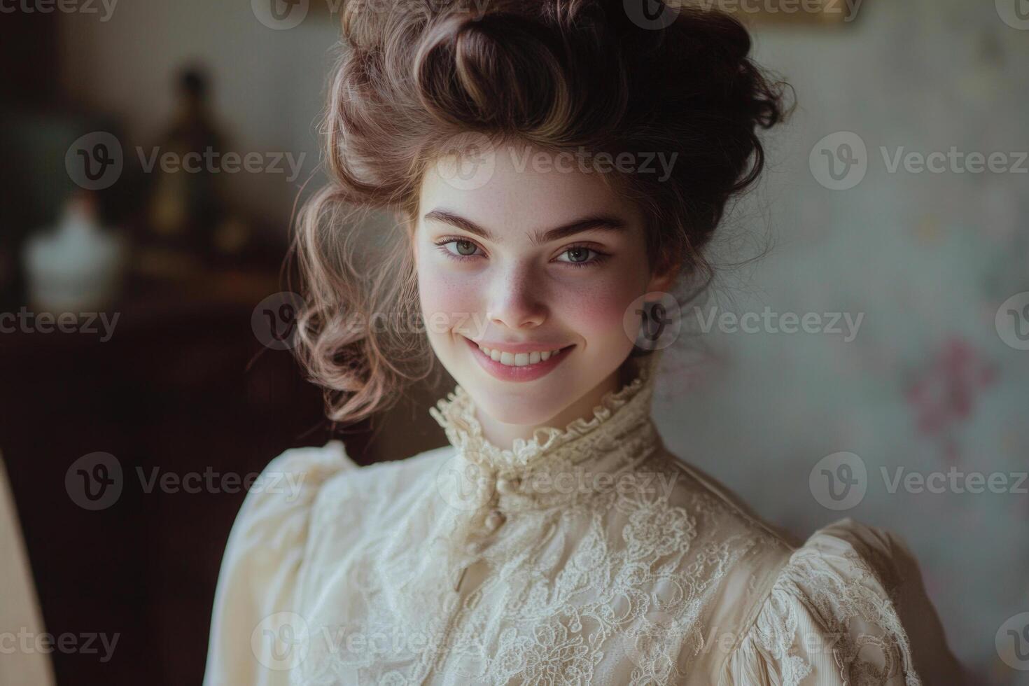 A Victorian-era woman with an enigmatic smile, wearing a high-collared dress. photo