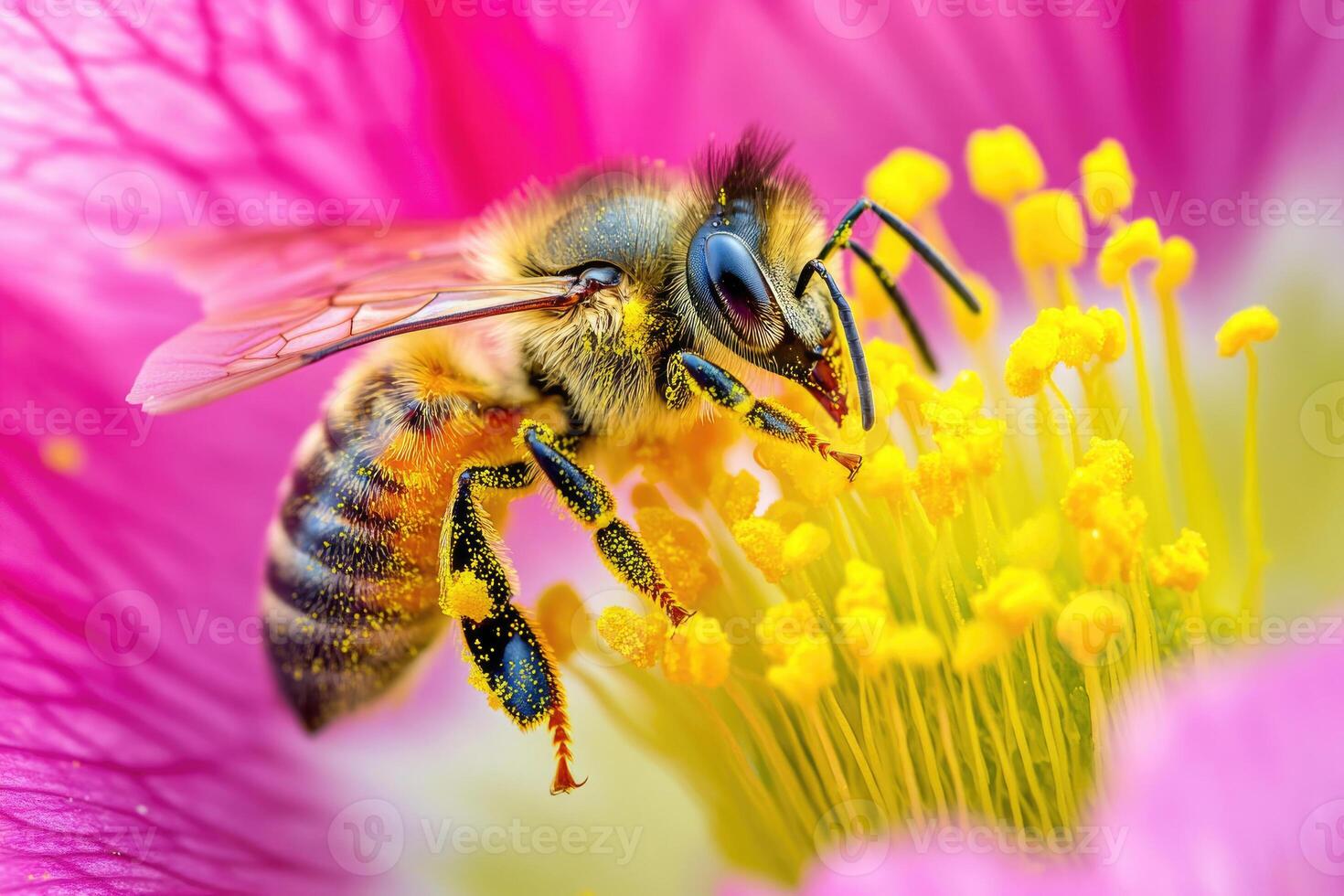A bee gathering nectar from a flower. photo