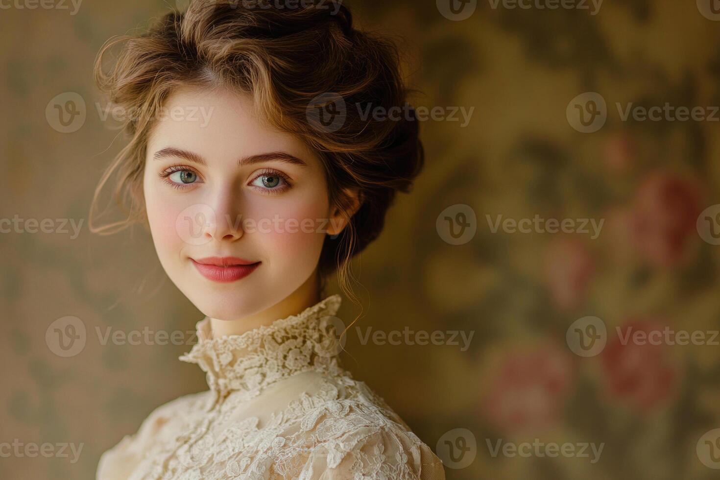 A Victorian-era woman with an enigmatic smile, wearing a high-collared dress. photo