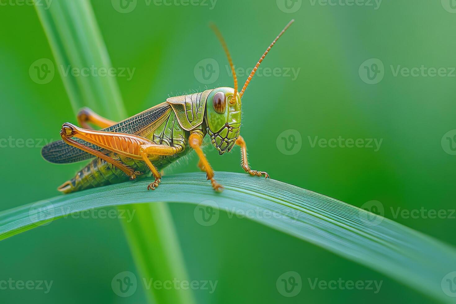 A grasshopper resting on a blade of grass. photo